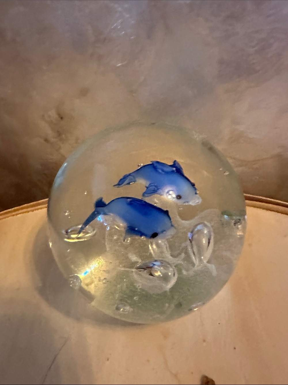 Glass Paperweight with Blue Dolphin Figurines
